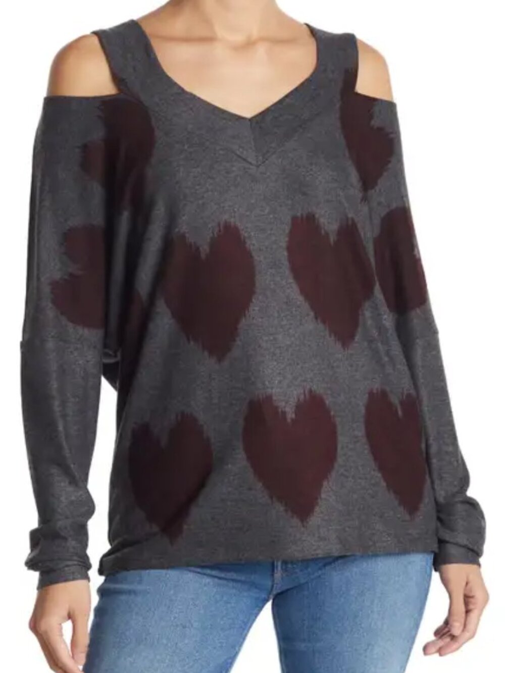 Go Couture V-Neck Cold Shoulder Heart Sweater - Size XL